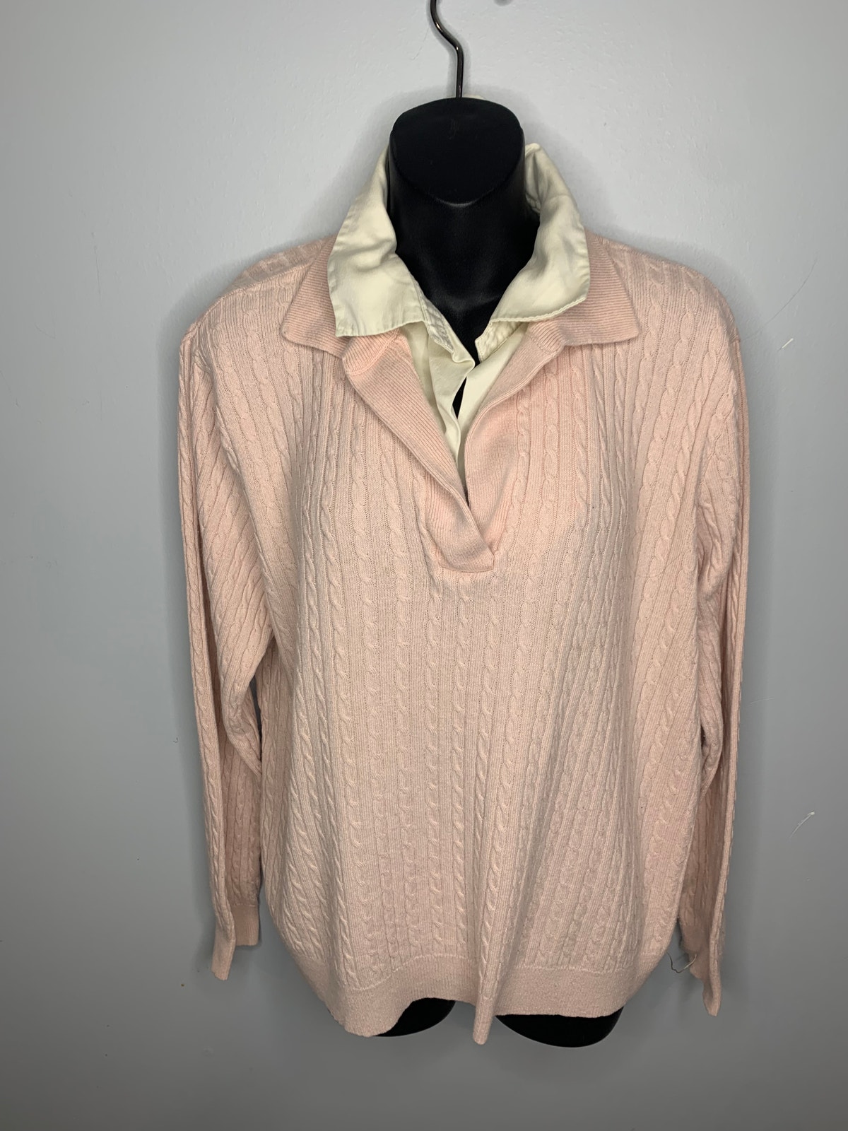 Lauren Ralph Lauren Women's 2x Pink Cable Knit Sweater Cream Satin Collar